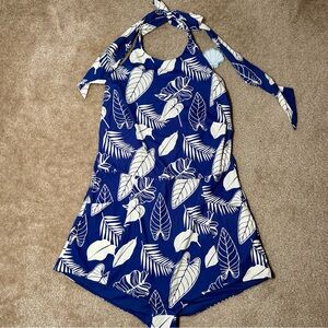 Popflex Halter Swim Romper, Blue/White Print, Sz 1X, NWT